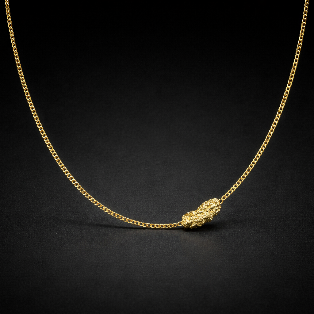 Gold necklace with a lion head pendant on a black background